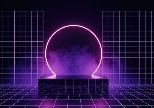 Retro wave grid scene with glowing neon circle and purple smoke, synthwave aesthetic for gaming presentation