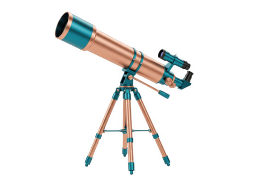 Isolated refracting telescope on tripod for astronomy and stargazing, equipment for space travel