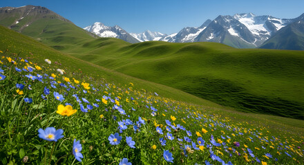 Obraz premium Vibrant Alpine Meadow Covered in Blue and Yellow Wildflowers