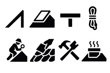 Minimalist roof construction icons featuring tools and equipment for roofing industry