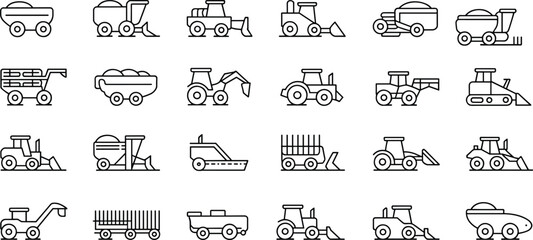 Agricultural and construction vehicles icon set, tractors, harvesters, loaders, bulldozers, farming machinery, heavy equipment outline vector illustration, industrial and agricultural machine design