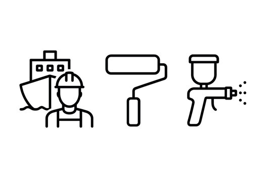 Maritime maintenance icons: shipbuilding, painting, and spraying linear symbols