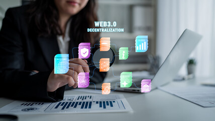 The Web 3.0 decentralization technology ecosystem. A flowchart of interconnected concepts like AI, blockchain, security, and decentralized finance. Motif