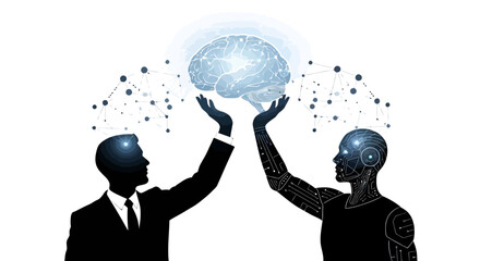 Human and AI collaboration for innovative solutions with shared intelligence, showcasing brainstorming and data analytics for business technology advancements