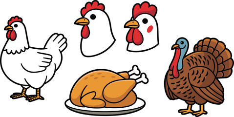 Chicken and turkey cartoon, poultry illustration set, roasted chicken dish, farm bird vector, food and animal icons, colorful poultry characters