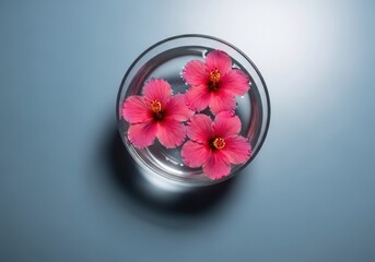 Three vibrant pink hibiscus flowers floating in a clear glass of water