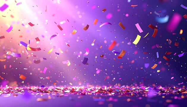 Colorful confetti falls in a purple-lit space, with light beams shining down and reflecting on the floor - Powered by Adobe