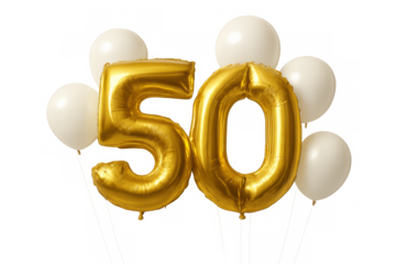Gold foil number 50 balloons with white latex balloons, floating for a celebration event on a transparent background
