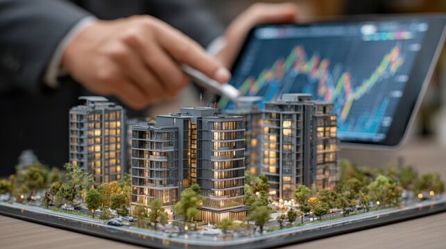 A business professional analyzes a miniature model of modern apartment buildings while reviewing market trends on a digital tablet. Real estate investment, property development