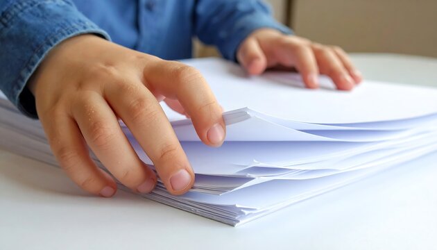 Child's hands lightly touch crisp white sheets stacked on a white table, wearing a blue jean shirt - Powered by Adobe