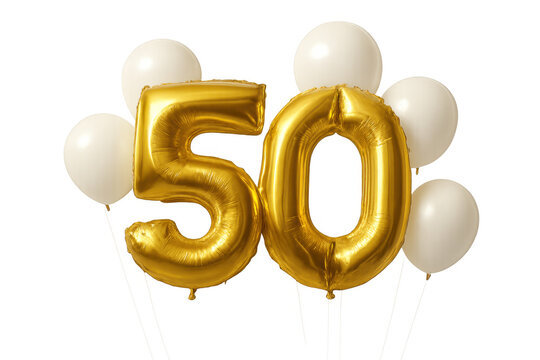 Gold foil number 50 balloons with white latex balloons, floating for a celebration event on a transparent background