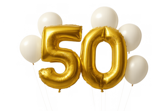 Gold foil number 50 balloons with white latex balloons, floating for a celebration event on a transparent background