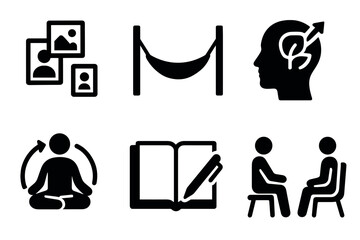 Set of black icons on relaxation, mindfulness, and creativity