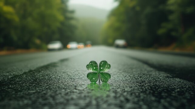 Lucky Charm, A Four-Leaf Clover on a Rainy Road to Good Fortune