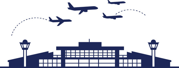 Obraz premium Modern airport terminal silhouette with flying airplanes, aviation travel concept, transportation hub illustration, air traffic control tower design, global 