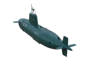 Isolated Submarine vessel with antennas, fins, and torpedo tubes floating in the air