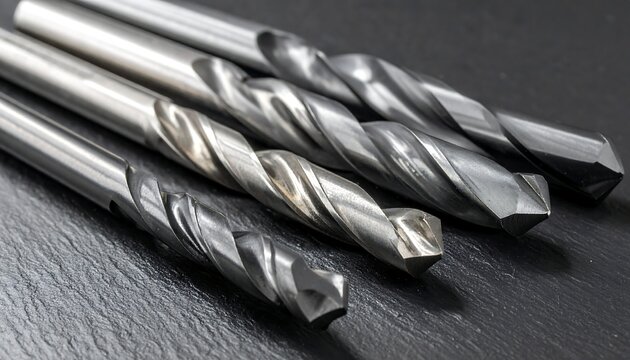 Close-up of several silver drill bits on a dark grey textured surface, angled from top left to bottom right
