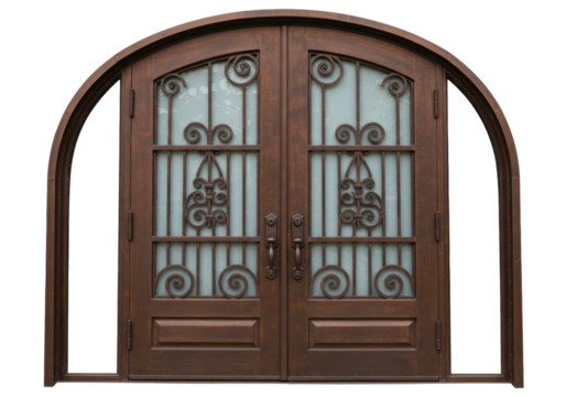 Isolated arched double doors with ironwork ornamentation, entrance, home, gate, metalwork
