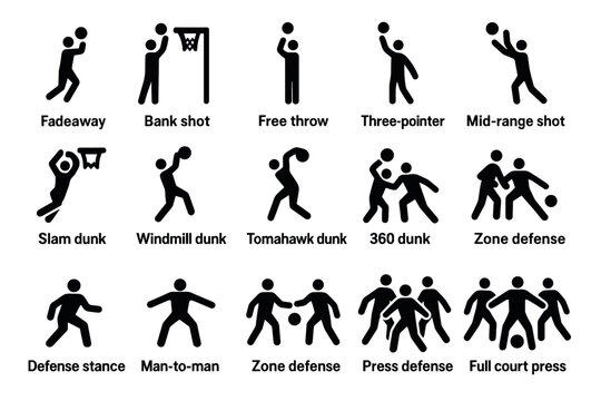 Silhouette basketball moves and defense icons for sports infographics