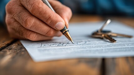 Person signing a contract with keys nearby, finalized real estate deal or property agreement, ownership, investment, and professional documentation in real estate transactions