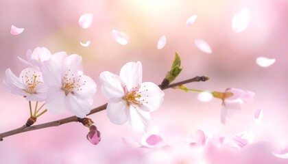 Obraz premium Blooming cherry branch with delicate petals floating in soft, pastel pink ambiance under a bright, diffused sunlight