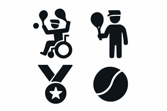 Inclusive tennis icons: wheelchair player, medal, and ball silhouettes - Powered by Adobe
