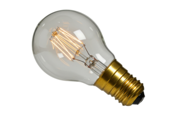 Isolated old-fashioned incandescent light bulb with filament, golden threaded base design
