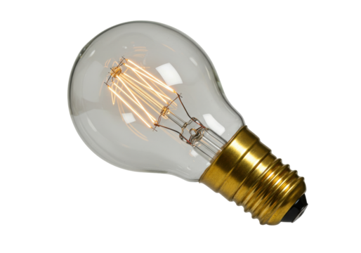 Isolated old-fashioned incandescent light bulb with filament, golden threaded base design - Powered by Adobe