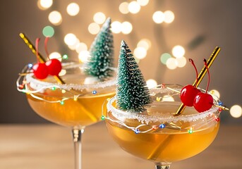 Festive holiday cocktails with mini christmas trees and bokeh lights