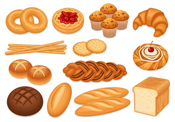 A vibrant vector set of assorted bakery products, featuring fresh bread loaves, sweet pastries, muffins, bagels, and crackers, all isolated on a white background