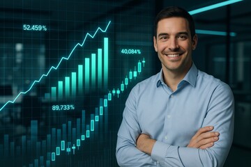 Confident businessman standing in office with digital stock market graph and financial growth data visualization behind him in modern style.. Ai generative