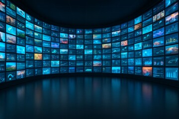 Massive curved video wall displaying futuristic digital content in a dark control room environment with glowing blue tones and high-tech interface screens. Ai generative