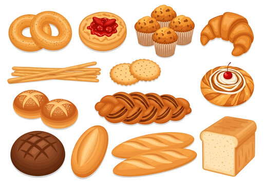 A vibrant vector set of assorted bakery products, featuring fresh bread loaves, sweet pastries, muffins, bagels, and crackers, all isolated on a white background