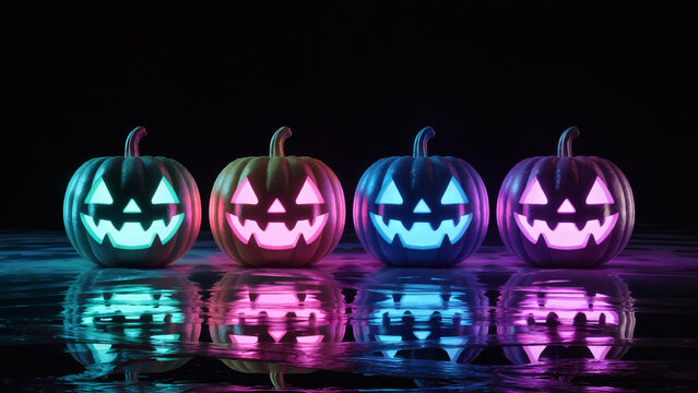 Vibrant Halloween pumpkins glowing with neon colors casting reflections for spooky holiday celebrations - Powered by Adobe