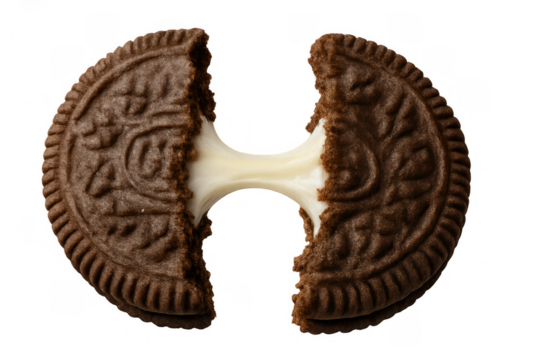 Chocolate sandwich cookie breaking apart with creamy filling stretching, demonstrating delicious snack and sweet treat