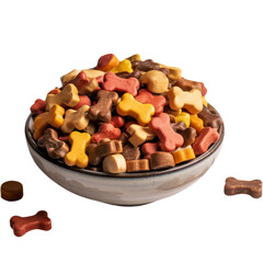 Bowl overflowing with colorful bone-shaped dog treats and a few scattered treats on a white background isolated on a transparent background