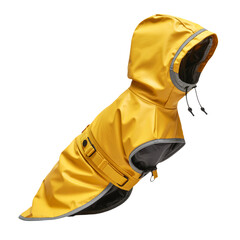 Bright yellow dog raincoat with gray trim and hood, featuring adjustable straps and buckles, isolated on a white background isolated on a transparent background