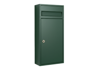 Isolated metal mailbox, modern green outdoor mail box for house entrance, secure locking system