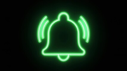 A bright green neon notification bell icon rings to signal a new digital alert. Ideal for digital interface, social media, and technology concepts. - Powered by Adobe
