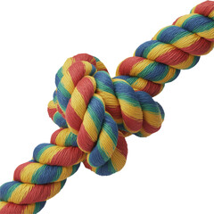 Close-up of a thick, braided rope toy for pets with a knot in the center, featuring vibrant stripes of red, yellow, and blue, on a white background isolated on a transparent background