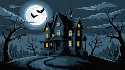 Spooky haunted house with bats flying in moonlight creates eerie Halloween night scene spooky season invitations
