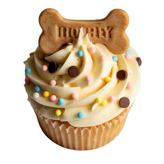 Dog Bone Shaped Cookie Topping a Vanilla Cupcake with Sprinkles and Chocolate Chips on White Background isolated on a transparent background