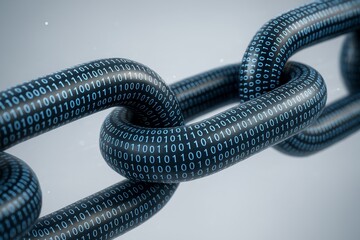 Close-up of digital binary code chain links symbolizing blockchain technology and secure data connection on gradient background. Ai generative. Ai generative