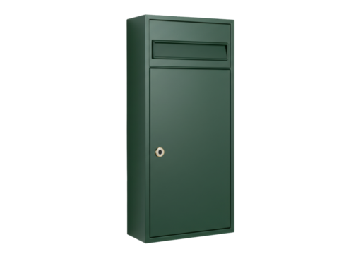 Isolated metal mailbox, modern green outdoor mail box for house entrance, secure locking system
