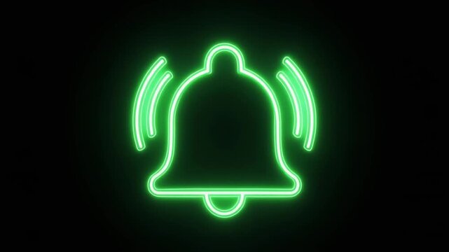 A bright green neon notification bell icon rings to signal a new digital alert. Ideal for digital interface, social media, and technology concepts.