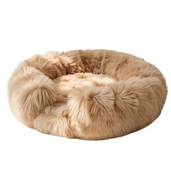 Round Beige Fluffy Pet Bed with Long Faux Fur and Raised Rim dog bed cat bed isolated on a transparent background