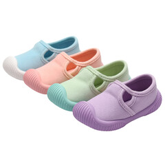 Row of four colorful canvas slip-on shoes for children in pastel shades of blue, pink, mint green, and lavender on a white background isolated on a transparent background