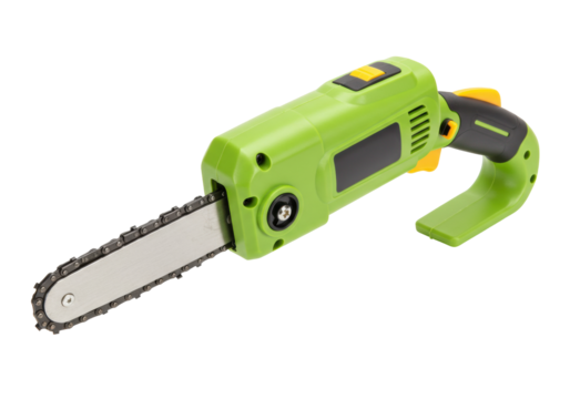 Isolated Green Chainsaw Tool for Pruning and Cutting Wood, Power Equipment for Outdoor Work