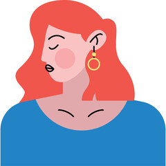 Stylized Portrait of a Woman with Red Hair Wearing a Blue Top and Gold Hoop Earring with Closed Eyes in Flat Design Style on a Transparent Background