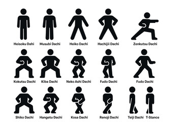 Martial arts poses: silhouette set of karate stances and positions